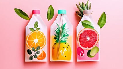 Colorful fruit juice bottles with citrus and pineapple designs on pink background