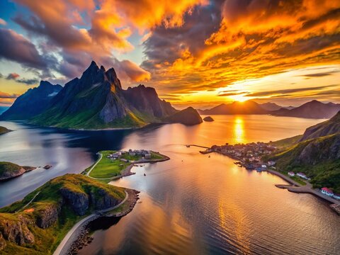 Dramatic Silhouette of Husoy Island, Senja, Norway - Aerial Drone View at Sunset