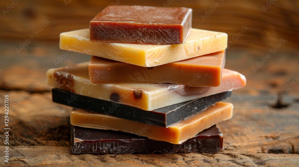 Poster Crafted soap bars in a variety of colors are stacked neatly on a rustic wooden table. Each bar features distinct textures and patterns, creating a warm and inviting atmosphere.