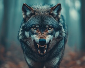 A menacing wolf growls in a misty forest, showcasing its sharp teeth and intense gaze, embodying the wild and untamed spirit of nature.