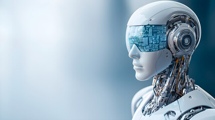 A robot with a pair of blue goggles on its face