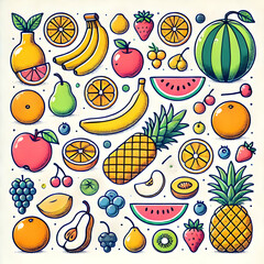 A simple and clean illustration of various table fruits, including apple, banana, orange, pineapple, watermelon, melon, mango, grape, kiwi, and berries, set on a white background.