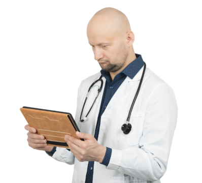 Doctor Examining Medical Records on a Digital Tablet