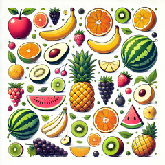A clean, minimalist illustration of various fruits such as apple, banana, orange, pineapple, watermelon, melon, mango, grape, kiwi, and berry on a white isolated background.