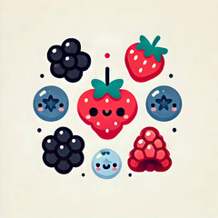 A minimalist and colorful illustration of berries blueberries, strawberries, raspberries, and blackberries set against a white background.