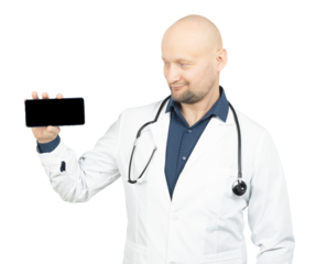Doctor Holding Smartphone and Smiling Confidently