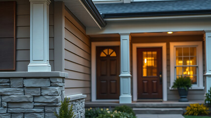 Elegant Home Exterior at Dusk: Modern Architectural Design, Stone Facade, and Inviting Porch. Real Estate Photography