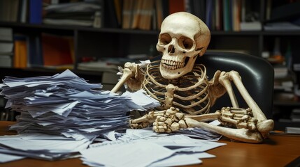 Obraz premium Skeleton sits at desk covered in paperwork