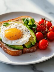 Delicious avocado toast with sunny-side egg and cherry tomatoes on white plate.