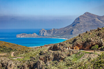 Scenic Coastal Landscape with Mountains, Blue Sea, and Rustic Countryside, Crete