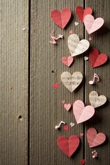 Fototapeta premium A romantic arrangement of paper hearts, musical notes, and wood grain background