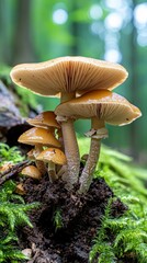 Cluster of Honey Colored Mushrooms in Lush Forest Nature Photography Vibrant Environment Close-up Viewpoint