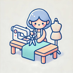 A 3D minimalist cute icon of a fashion designer cutting fabric in a garment factory, isolated on a white background with flat pastel colors.