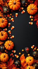 Festive autumn arrangement with pumpkins, candy corn, and fall leaves for Halloween celebration
