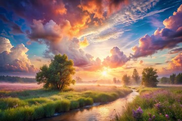 Dreamy Pastel Summer Background: Soft Colors & Surreal Landscape