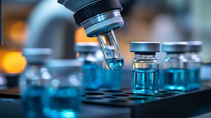 Microscope focusing on vials filled with blue solution in lab