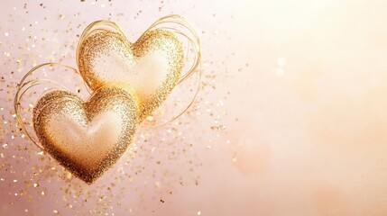 Fototapeta premium Beautiful golden hearts elegantly intertwined with sparkling glitter, floating against a gentle gradient of light pink and soft peach. 