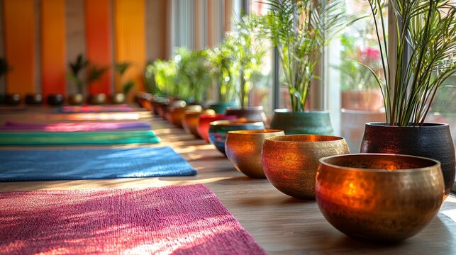 Sound bath in a yoga studio, soft light, people resting, singing bowls creating healing sound