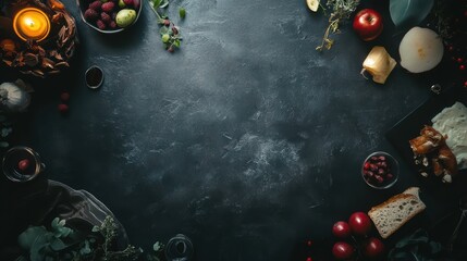Creative Layout of Gourmet Food on Dark Table