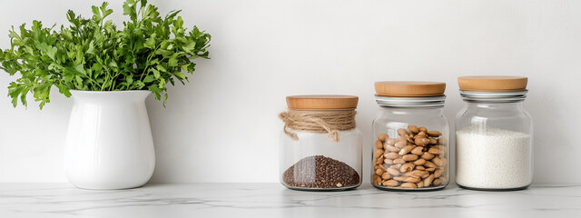 Minimalist kitchen display featuring glass jars with nuts, seeds, and grains alongside potted herb. This setup promotes clean, organized, and eco friendly lifestyle