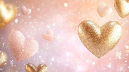 Fototapeta premium Elegant golden hearts float gently over a soft pastel gradient of light pink and peach, intertwined with sparkling glitter.