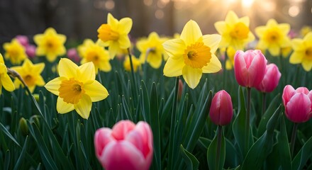 Obraz premium Spring Daffodils and Tulips – Easter Floral Bloom and Renewal