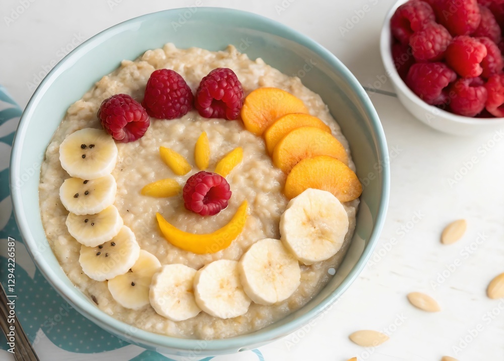 Poster a bowl of oatmeal topped with banana slices and raspberries, accompanied by a bowl of additional ber