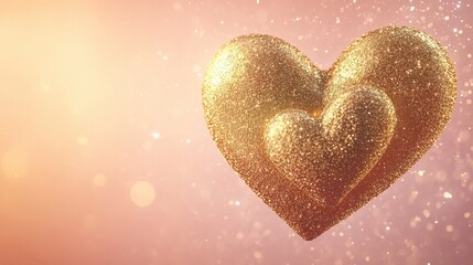 Fototapeta premium Elegant golden hearts intertwined with delicate glittering sparkles float gently against a light pink to peach gradient background.