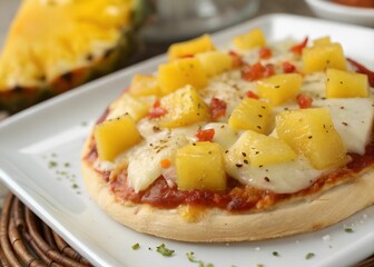 A close-up of a white plate topped with a pizza covered in cheese and pineapples. The pizza has a golden-brown crust, the cheese is white, and the pineapple slices are a vibrant yellow. The plate is p