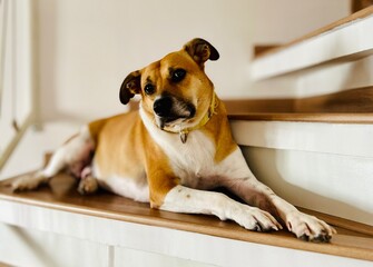 A brown and white dog with a yellow collar is resting comfortably on wooden stairs indoors. The dog appears calm and at ease, displaying his gentle and serene demeanor in a home environment.