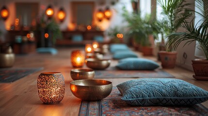 Sound bath session, softly lit room, comfortable pillows, singing bowls, peaceful group