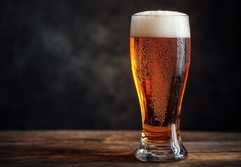 A tall glass of golden beer with frothy foam and rising bubbles on a rustic wooden table against a dark moody background. Ideal for brewery, craft beer, and Oktoberfest themes