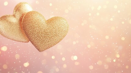Obraz premium Elegant golden hearts intertwined with soft, sparkling glitter, floating gently over a muted pastel gradient background of light pink and soft peach.