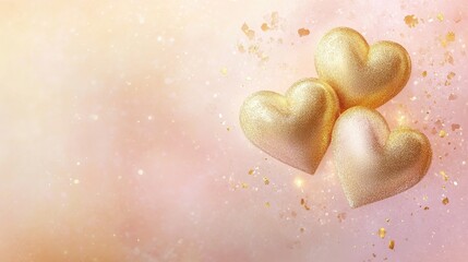 Fototapeta premium Elegant golden hearts intertwined with soft, sparkling glitter, floating gently over a muted pastel gradient background of light pink and soft peach.