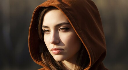 Naklejka premium Pensive Young Woman in Hoodie: Outdoor Portrait with Contemplative Expression in Natural Light