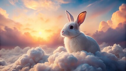 Dreamy White Rabbit in Fluffy Clouds - Magical Fantasy Nature Stock Photo