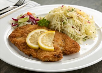 A white plate topped with a golden-brown schnitzel, accompanied by a side of coleslaw and garnished with slices of lemon. The plate is placed on a surface with a fork and a cloth beside it.