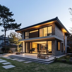 Fototapeta premium A modern house illuminated with lights in the evening