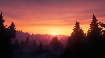 Obraz premium Majestic sunrise over misty pine forest silhouettes with vibrant orange sky.