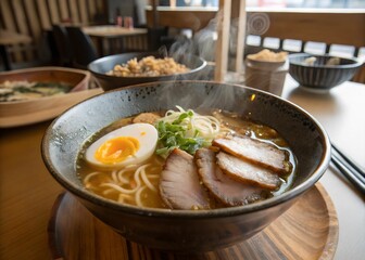 A bowl of ramen with a boiled egg and slices of meat, placed on a wooden table with chopsticks beside it. The background is slightly blurred, revealing a wooden wall, chairs, and other objects, sugges