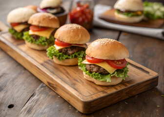 A wooden cutting board topped with mini burgers, each with lettuce, tomato, and cheese. In the background, there's a jar filled with what appears to be a sauce, and a newspaper is partially visible. T