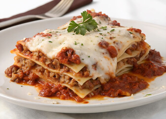 A plate of lasagna, a classic Italian dish, with layers of meat and a rich tomato sauce. The plate is white, and the food is garnished with fresh parsley. The background is slightly blurred, emphasizi