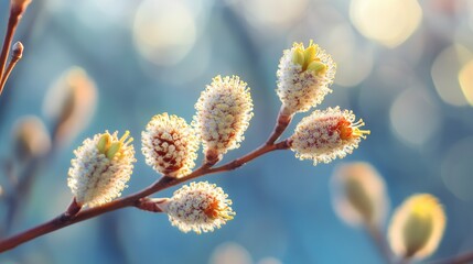 Close-up of springtime budding on willow branch with blurred background.