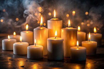Mystical White Candles Glowing in Dark Room - Atmospheric Low Light Photography