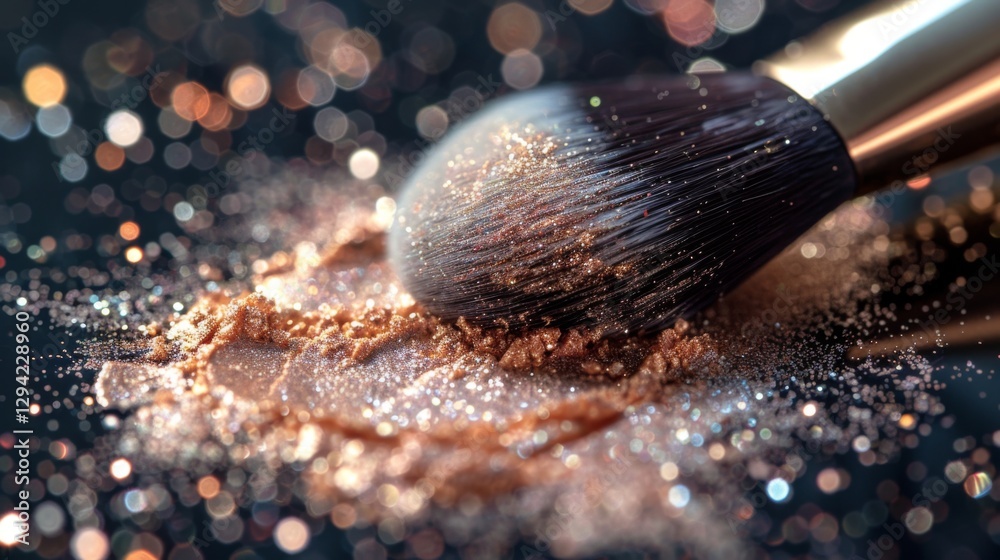 Poster a makeup brush with bristles covered in glittery powder is placed delicately on a glimmering surface