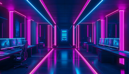 Interior of a gaming room with a modern computer and neon lighting. Playing cyber games and online entertainment concept