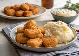A plate of golden-brown tater tots accompanied by a bowl of creamy mashed potatoes, all placed on a cloth atop a platform. The background is slightly blurred, revealing a bottle and some green leaves,