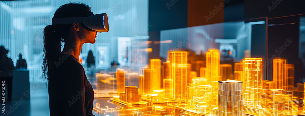 Aufkleber exploring virtual reality technology in a futuristic urban environment