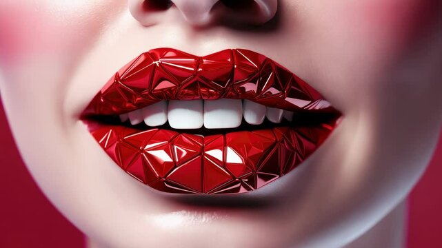 red female lips in rhinestones smiling, white teeth, polygonal pattern
