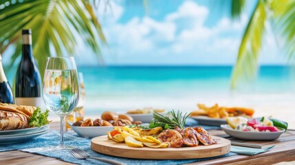 Obraz premium Vibrant Tropical Feast on a Beachside Table with Refreshing Drinks and Scenic Background